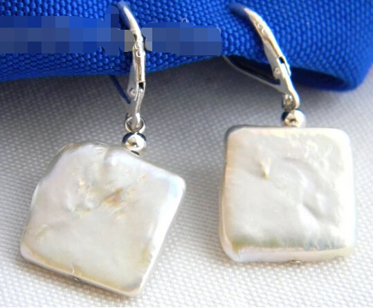 

free shipping 11912 Square White Freshwater Pearl Silver Dangle Earring