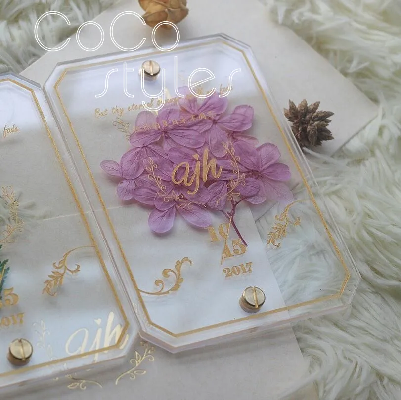 Cocostyles custom personalized gold silk screen lucid acrylic invitation card with forever flower f - 32869616427