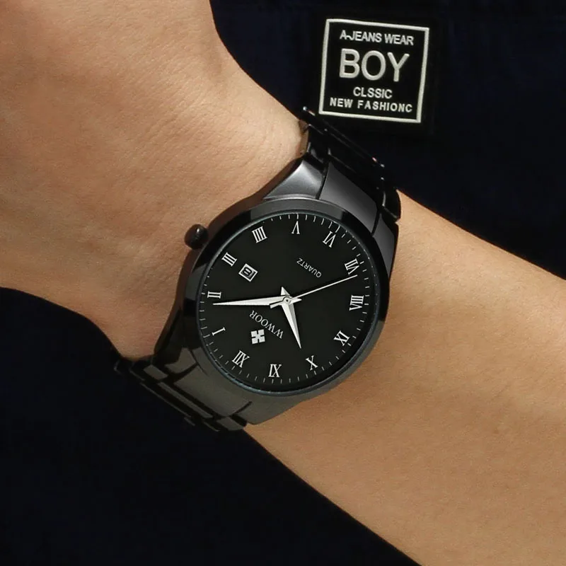 WWOOR Top Brand Luxury Men Stainless Steel Waterproof Sports Watches Men's Quartz Analog Date Clock Male Black Strap Wrist Watch