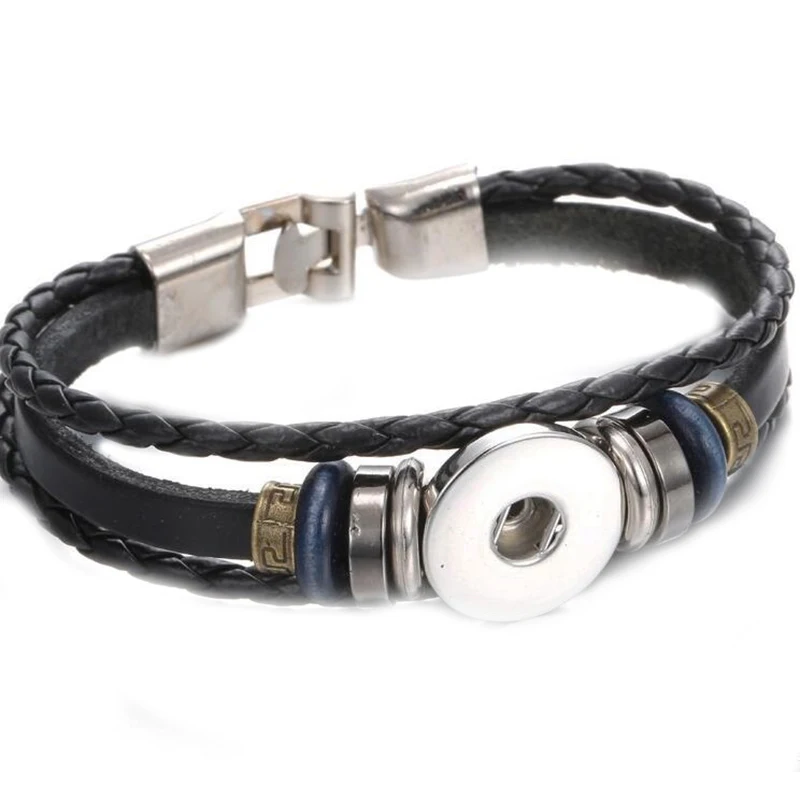 

Snap Button Bracelet Adjustable Handmade Braided Brown Black Leather Bracelet Can Be Matched with 18mm Button Decoration