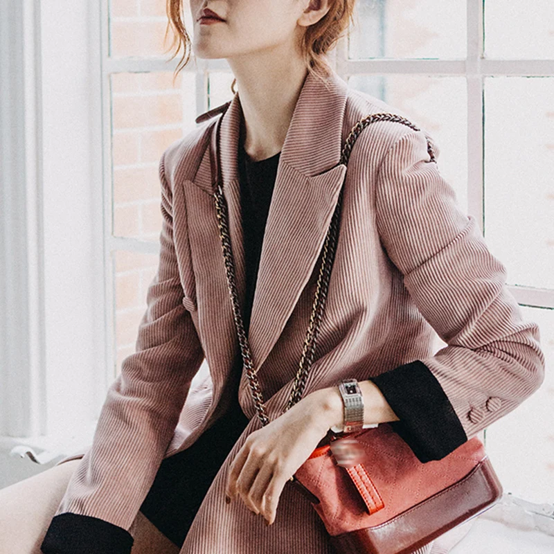 Spring Autumn Pink Corduroy Blazer Women Button Single Breasted Slim