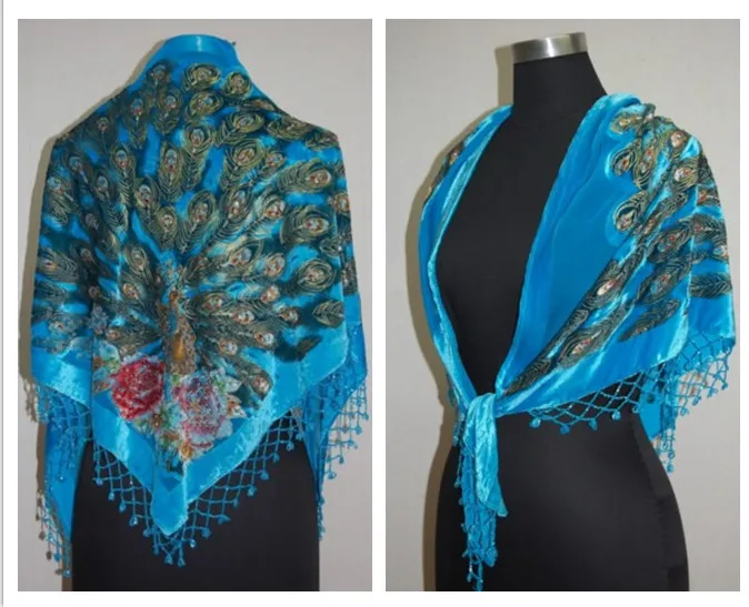 Фиолетовые китайские Женские Треугольные бархатные шелковые вышитые бисером шаль шарф обертывание шарфы Peafowl WS005-D - Цвет: Light Blue