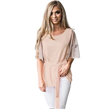 

2019 Female Sexy O Neck Embroidery Half Shell Shirt Fashion Lace Up Black Blouse Autumn Casual Tops Teas