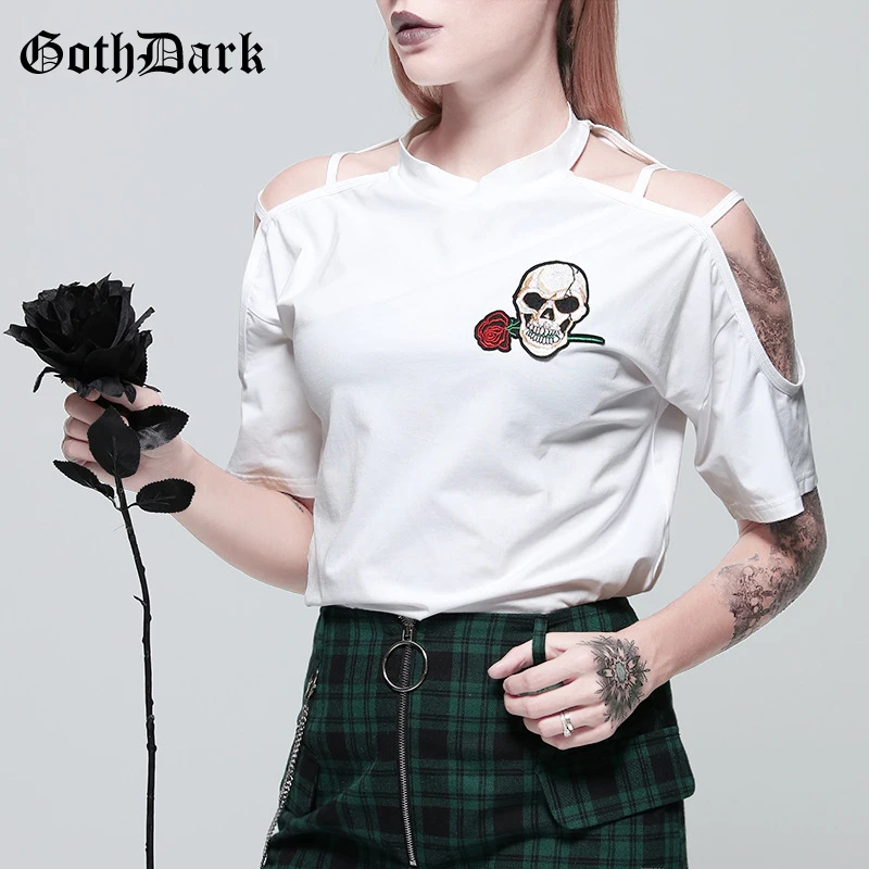 

Goth Dark White Hollow Out Gothic Female T-shirts Embroidery Asymmetric Hole Grunge T-shirt Patchwork Summer 2019 Fashion Punk