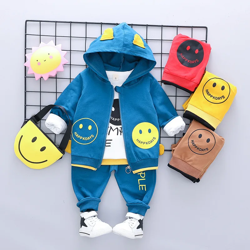 

New Children Clothing Sets Boy Girl Outfit Suit Spring Autumn Baby Smiley Face Printed Coat + Pants + T-Shirt 3PCS Kids Clothes