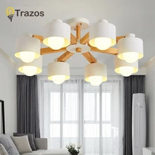 TRAZOS-Lámpara LED nórdica de 220V con pantalla de hierro para sala de estar, Lustres de madera modernos, iluminación para vestíbulo