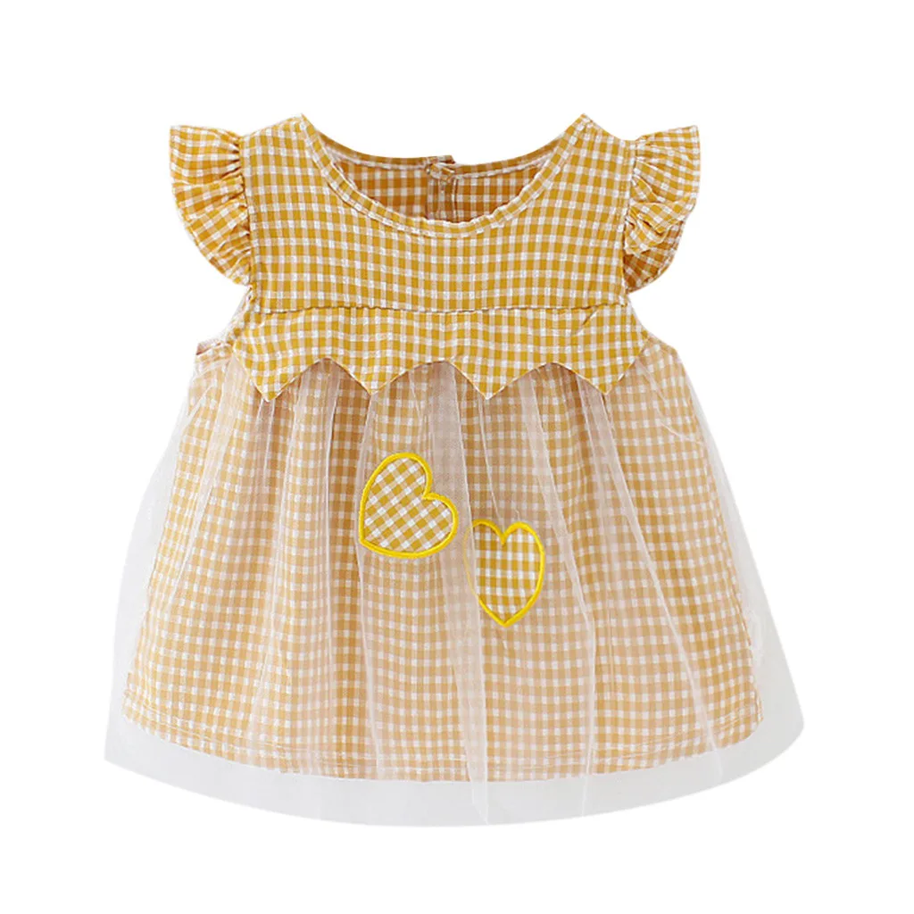 

Baby Girl Plaid Heart Printed Tulle Party Princess Dress Clothing yellow newborn infant baby girls clothes#p6