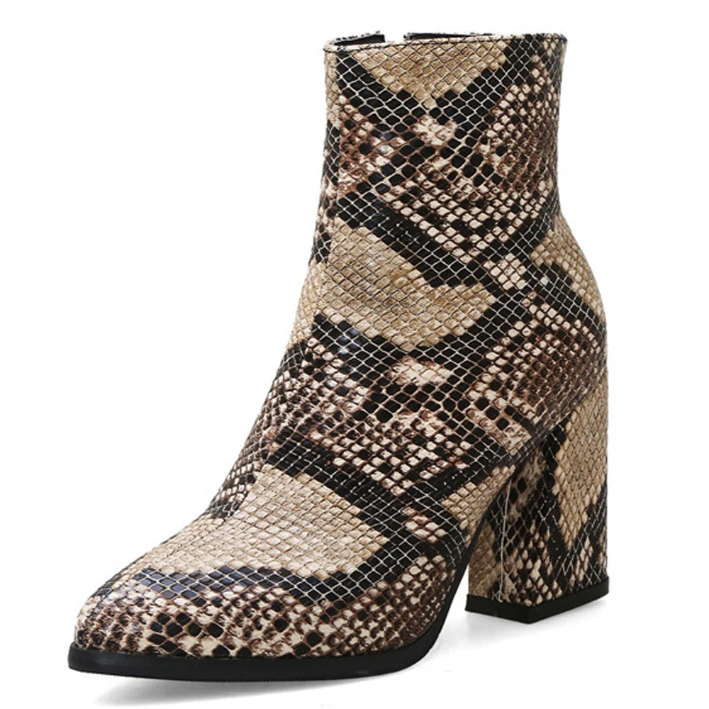 

2019 New Print Snakeskin Booties Women Ankle Boots Zip Pointed Toe Footwear Thick High Heels Female Snake Boot Women A088