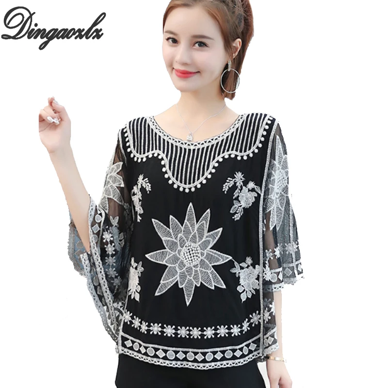 

Dingaozlz Korean Fashion Women shirt Batwing sleeve Mesh embroidery Tops Casual Summer Loose Lace blouse blusa feminina