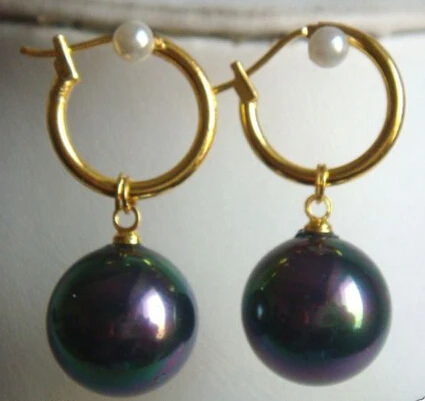 

wb003 14mm Tahitian Rainbow Black Shell Pearl 14K GP Dangle Earrings AAA+