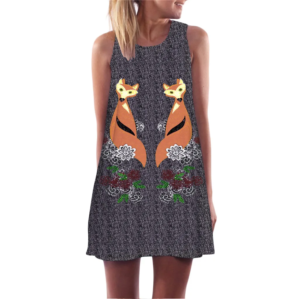 

Summer Dress Women New 2019 Fashion Fox Print Cute Party Dress Sleeveless Casual Dresses Beach Printed Lovely style L329A