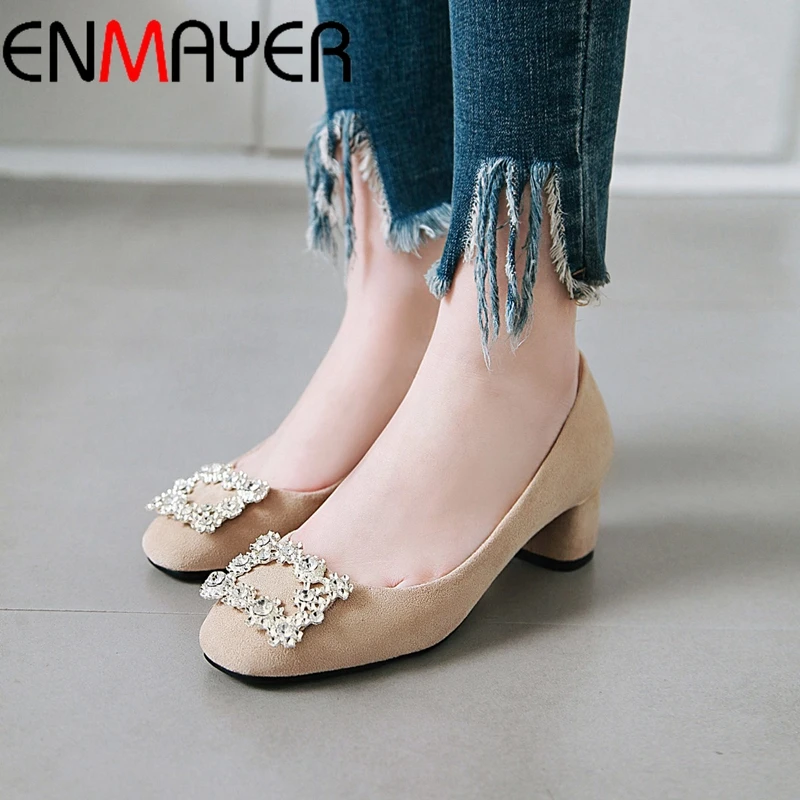 

ENMAYER 2019 Basic Med High Fashion Crystal Pumps Square Heel Square Toe Casual Slip-On Mary Jane Shoes Size 34-43 LY1721