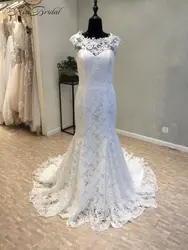 Vestido longo; пикантные кружевные свадебные платья 2018 Совок Кепки рукавом суд Поезд кнопка назад Русалка платья невесты trouwjurk