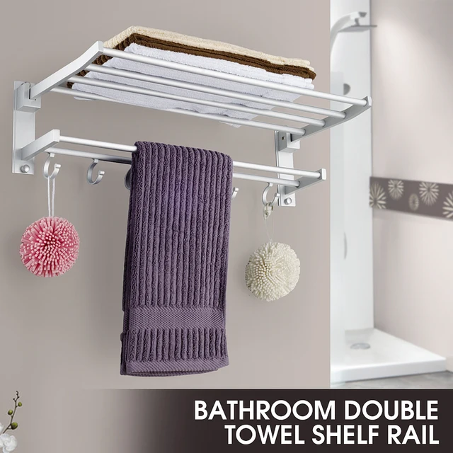 2 Layer Alumimum Foldable Bathroom Towel Rack Holder Wall Mounted Storage Hanger Kitchen Hotel Towel Clothes Shelf With 5 Hooks