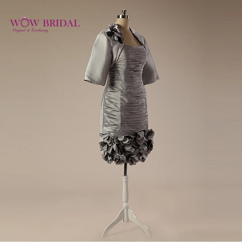 Серебристые платья Wowbridal из тафты для матери невесты с курткой Короткие вечерние