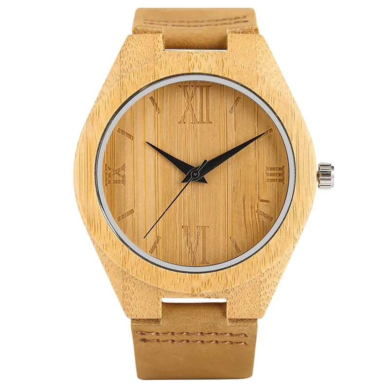 

Simple Fashion Hand-made Wooden Bamboo Watch Quartz for Male Female Roman Numerals Genuine Leather Watchband Strap Best Gift Men