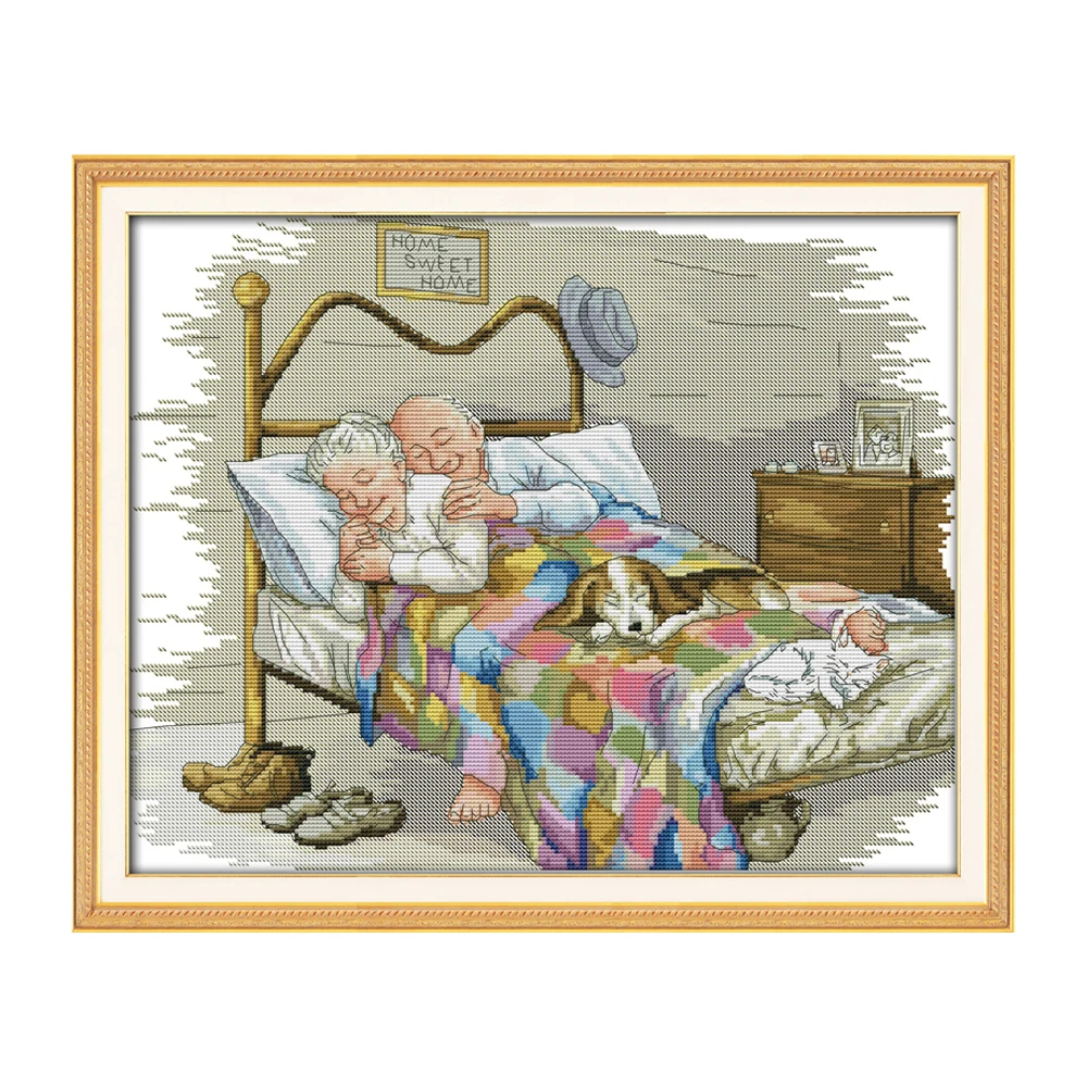 

14CT Thread Embroidery Cross Stitch Kit with Canvas Cloth Cotton Cross-Stitching Needlework The Old Married Couple Pattern Decor