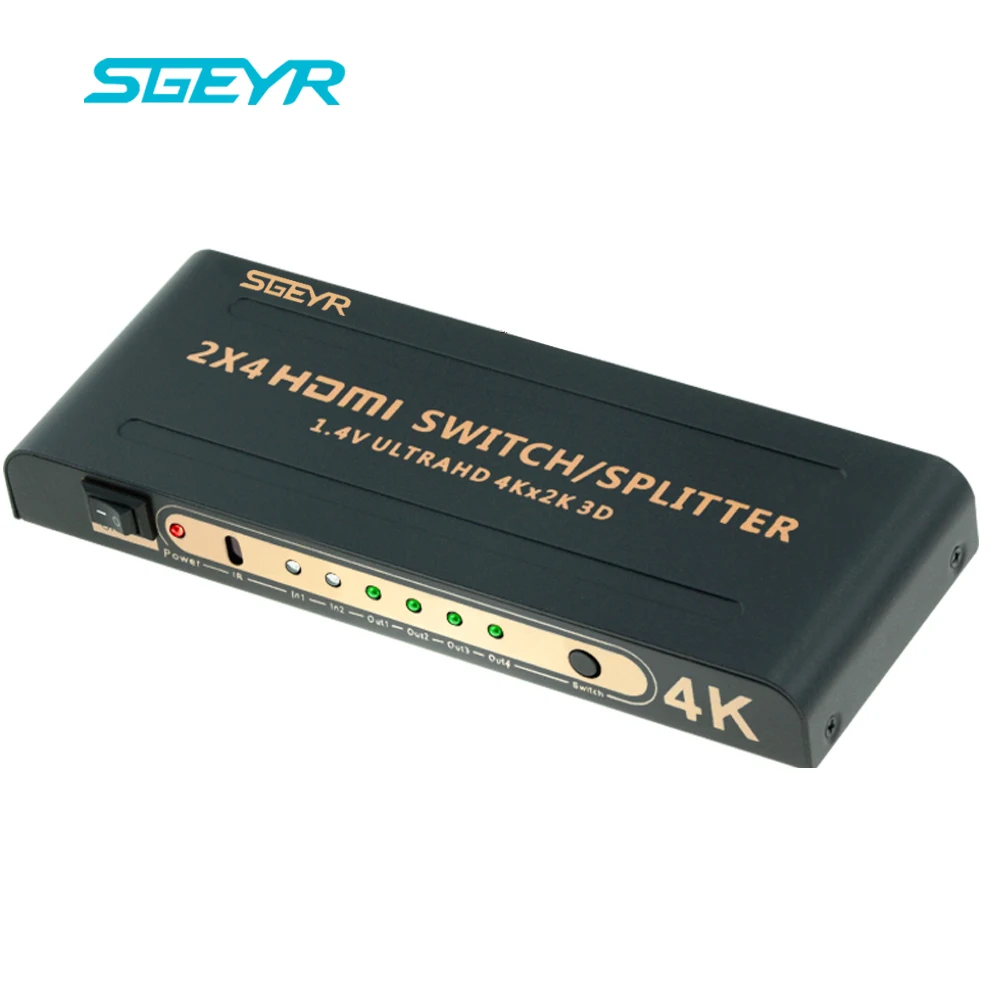 

SGEYR 2x4 HDMI Switch Splitter 2 in 4 out HDMI 1.4V Splitter Switcher 2 to 4 Support 4Kx2K 3D 1080P IR Remote with Power