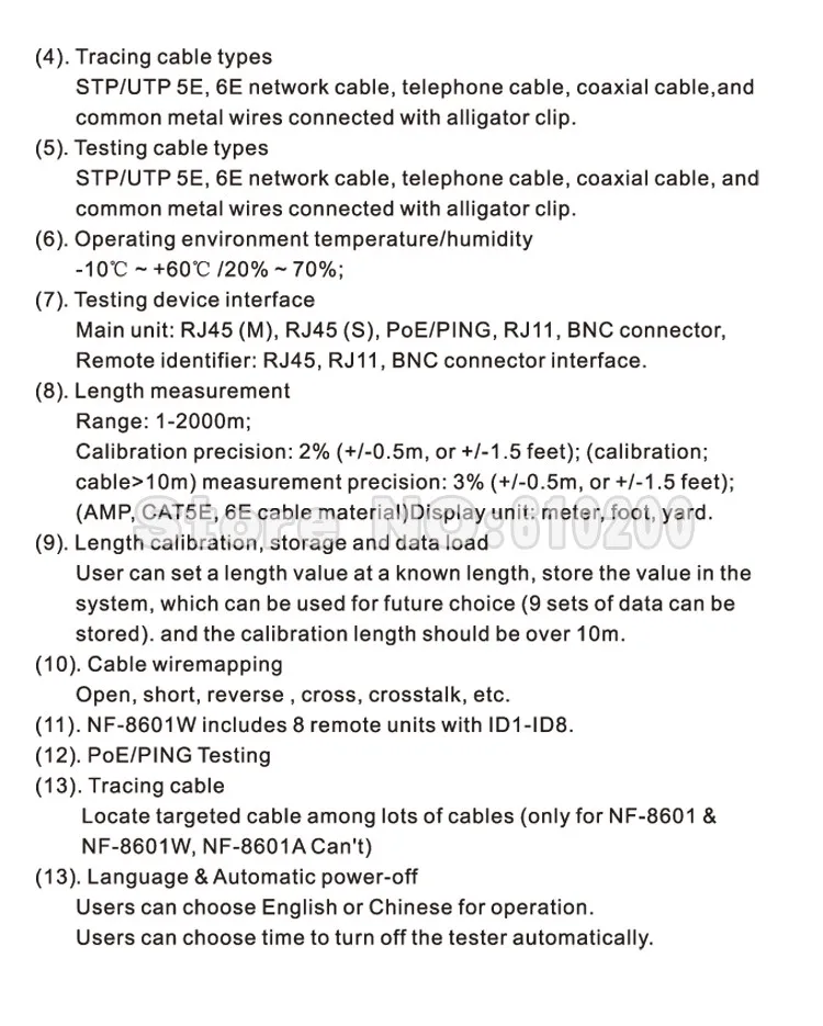 NOYAFA-NF-8601W тестер сетевого кабеля тестер LAN RJ11 RJ45 BNC STP/UTP 5E, 6E LAN Кабельный тестер для 8 шт. портов английская версия