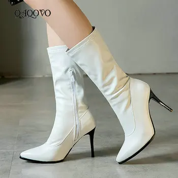 

Women Sexy Thin High Heel Mid Calf Boots Fashion Zipper Boots Ladies Pointed Toe Autumn Winter Shoes Women Black White Leopard