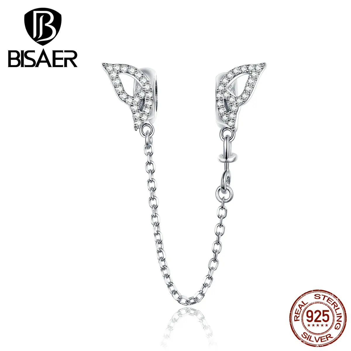 Цепочка безопасности BISAER, 925 пробы, серебряные крылья, пробка, перья, безопасная цепочка, бусины, подходят для шармов, браслеты, 925 серебряные ювелирные изделия EFC083