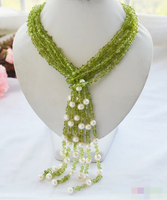 

huij 0033146 4strands 50" olivine detritus/ 8mm round freshwater pearl necklace