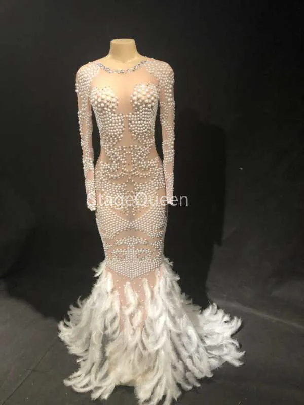 Women Sexy Stage Net Yarn Bling Long Dress Sparkling Crystals Pearl White Feather Tail Fashion Show Nightclub Party Birthday | Женская