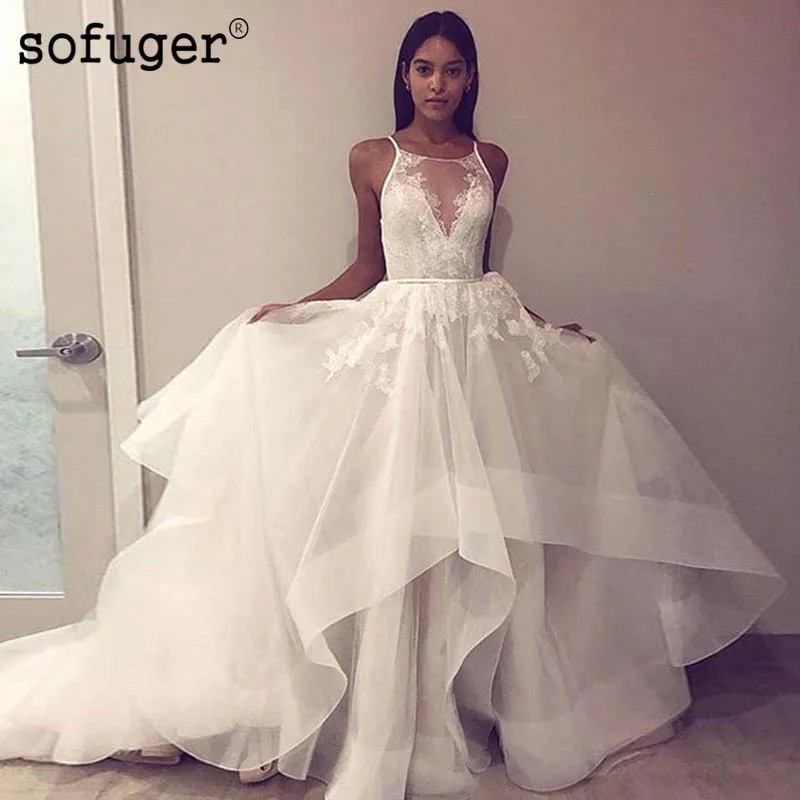 

Sexy Backless Scoop Appliques Spaghatti Straps Organza Tiered Bridal Wedding Dresses Vestidos de Noivas