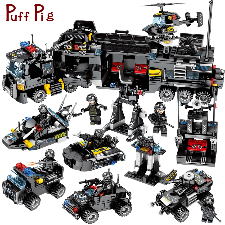 

695pcs 8in1 Military Swat Team Police Mobile Command Center Trucks Building Blocks Oyuncak Jouet City Figures Toys For Kids