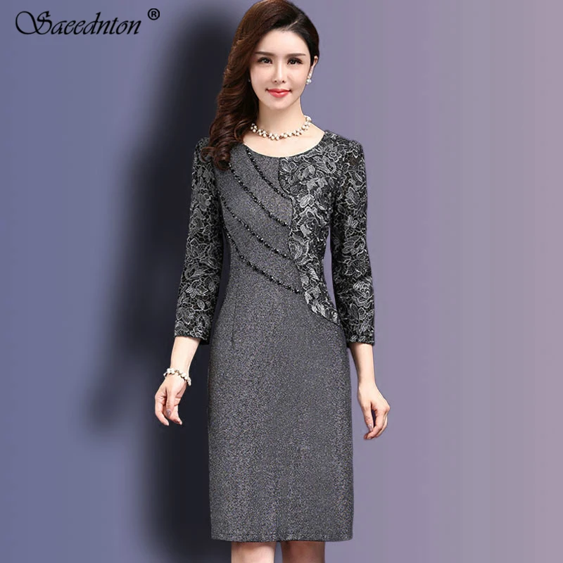 

Women Sexy Dress 2019 Autumn Elegant Women Winter 3/4 Sleeve Knee Length Vintage OL Work Bodycon Lace Crochet Dresses Vestidos