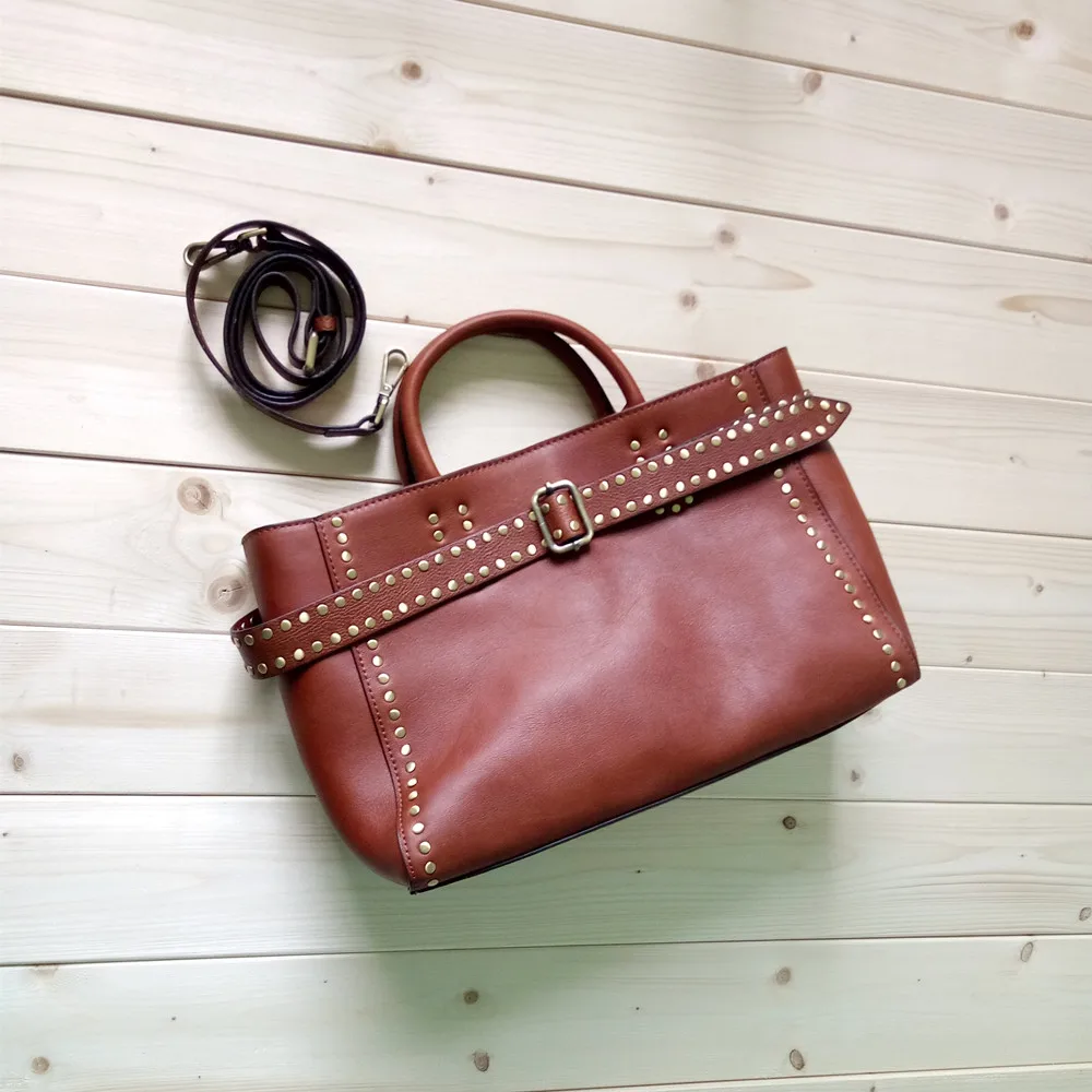 promotion clearance genuine leather brown rivet top-handle handbag for women first layer cowhide unique design one shoulder bag |