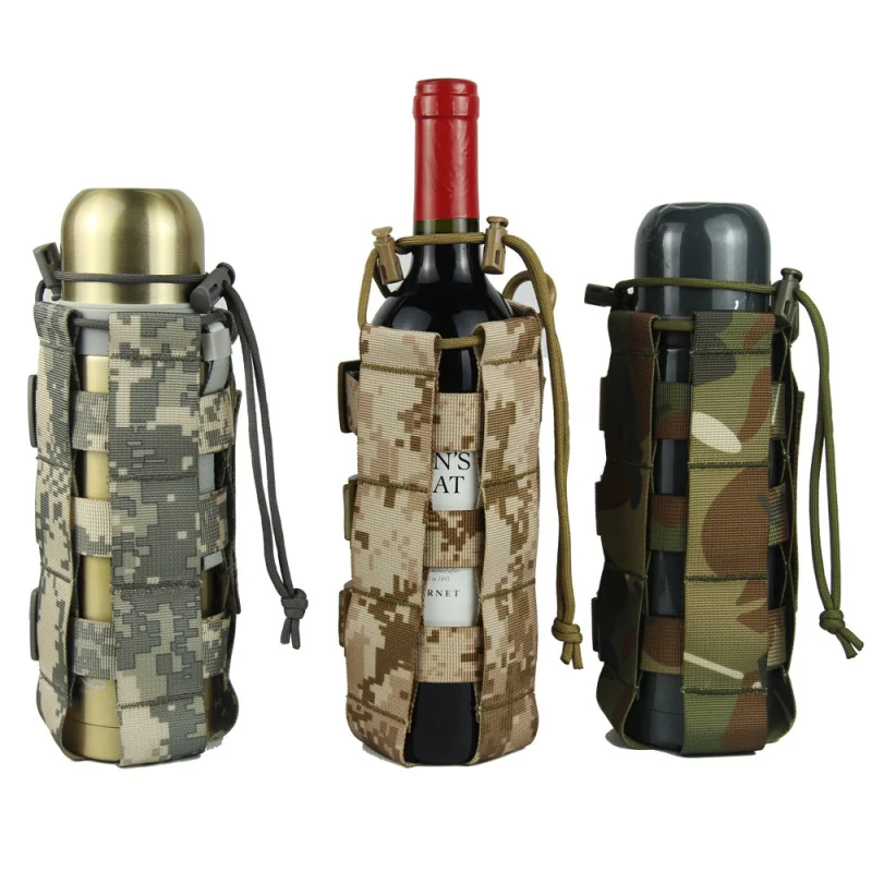 Tactical Molle Water Bottle Pouch Military Drawstring Water Bottle Holder Sports Bottles Carrier Bag for Outdoor Activities Khaki 