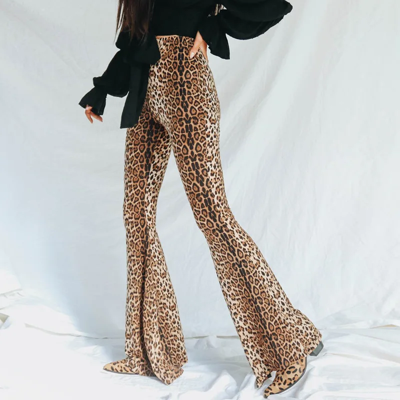 BKLD осень леопардовым принтом Винтаж Высокая Талия расклешенные брюки узкие длинные брюки женские сексуальный колокольчик плавки Pantalon