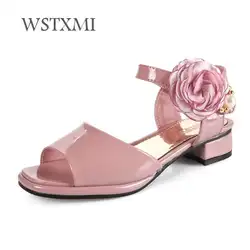 Летние кожаные сандалии на низком каблуке для девочек; модная дикая обувь; детское праздничное платье; обувь с цветочным принтом;