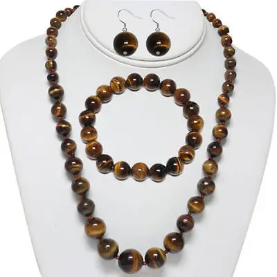 

Tiger Eye Brown Color Round Bead Necklace Bracelet and Earrings Set18K gold plated watch wholesale Quartz stone CZ crystal