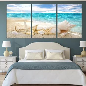 

3 Pieces Summer Beach and Shells Seascape Canvas Painting Home Wall Decor Canvas Print Wall Art Picture for living room decor