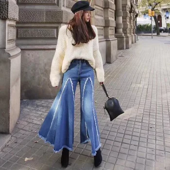 

New Spring Autumn Women Denim Pants Full Length Ultra Long Large Flare Pants High Waist Casual Female Jeans Trousers Streetwear