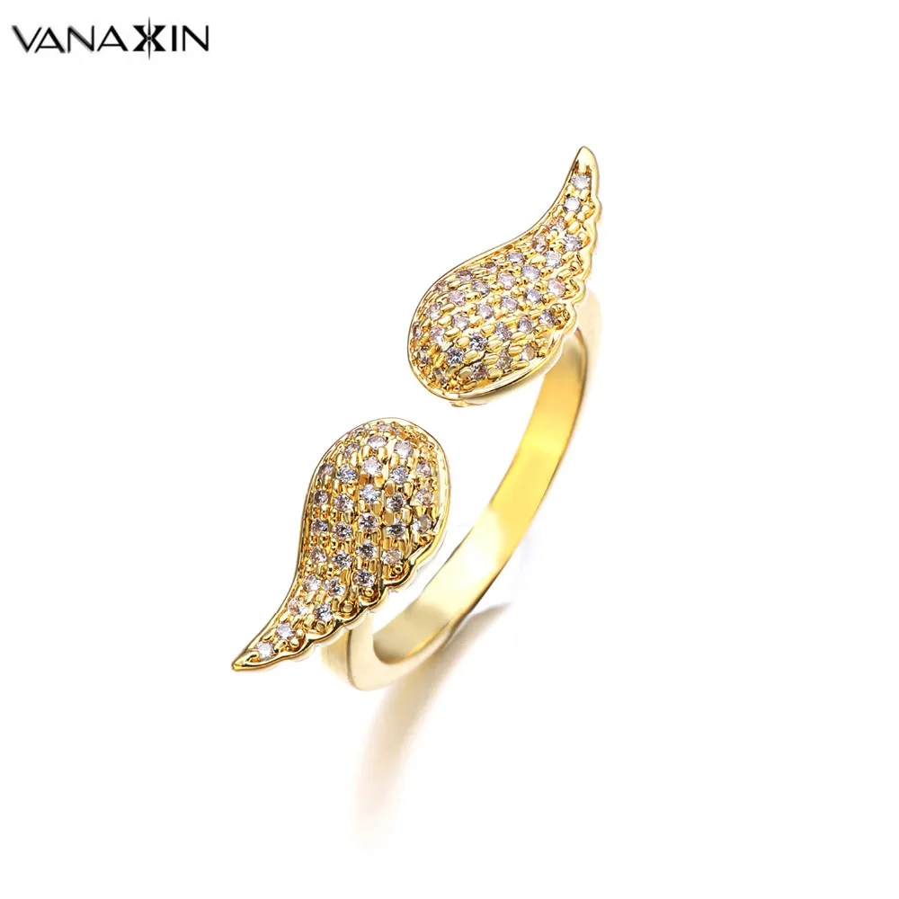 VANAXIN Wings Rings For Women Gold/Silver Color Clear AAA CZ Crystal Angel Wings Female