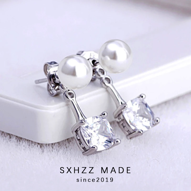 

SXHZZ Unique Design Pearl Zircon Earrings 925 Silver Fashion Platinum Round Stud Earrings for Gift Accessory Jewelry For Women