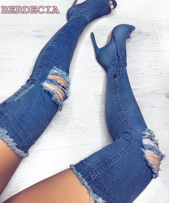 

2017 newest blue denim cutout long boots peep toe high heels sexy woman over the knee boots high quality shoes thigh high boots
