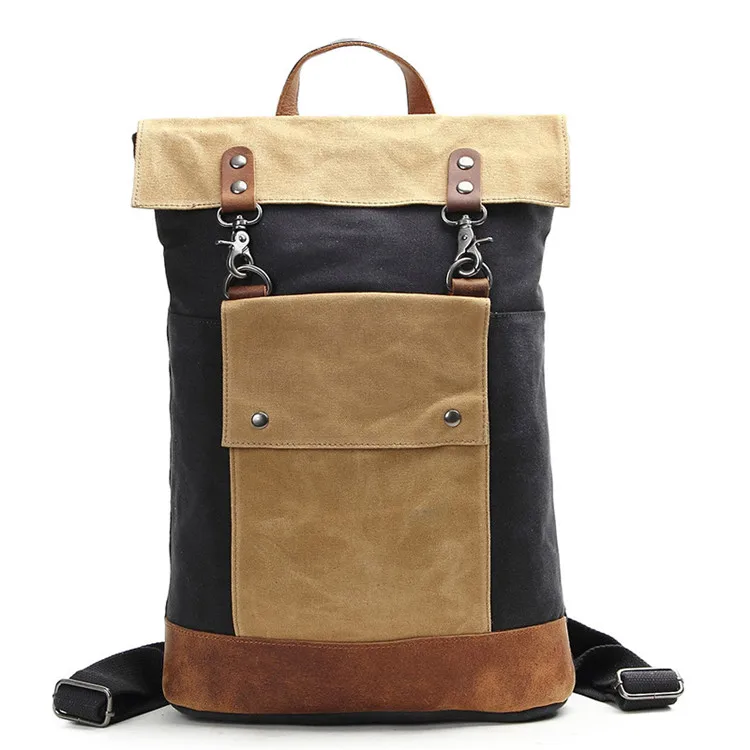 Винтажные водонепроницаемые парусиновые кожаные рюкзаки для ноутбука для мужчин, студенческие школьные сумки для подростков и женщин, дорожные рюкзаки - Цвет: Черный