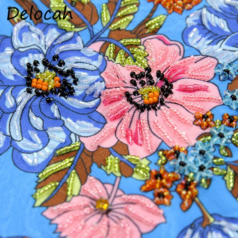 Delocah New 2019 Women Spring Summer Vintage Dress Runway Fashion Designer Crystal Beading Floral Printed Elegant Vacation Dress