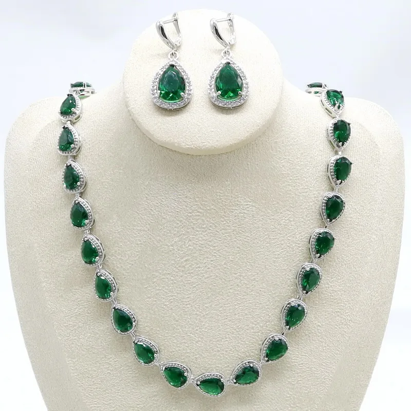 

Necklace Earrings Sets for Women 925 Silver Jewelry Set Green Semi-precious Anniversary Bridal Jewelry Gift Box