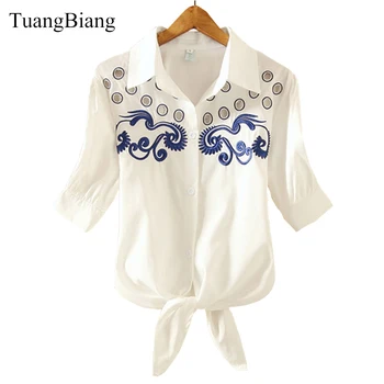 

TuangBiang 2018 Summer Half Sleeve Embroidery Shirt Corp Top Women Floral Blouse White Striped Loose Lace Up Tops Camisas mujer