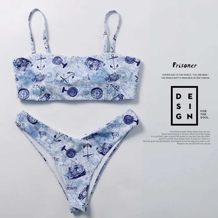 

2019 two piece blue printed Swimsuits micro Bikinis tanga set Women bikini bathing costume Sexy ladies bandeau swimwear suit