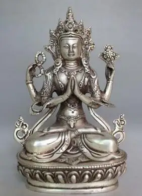 

Antique Tibet Buddhism Silver Bodhisattva Four-armed Avalokiteshvara Buddha Statue Tibetan Silver Bronze decoration