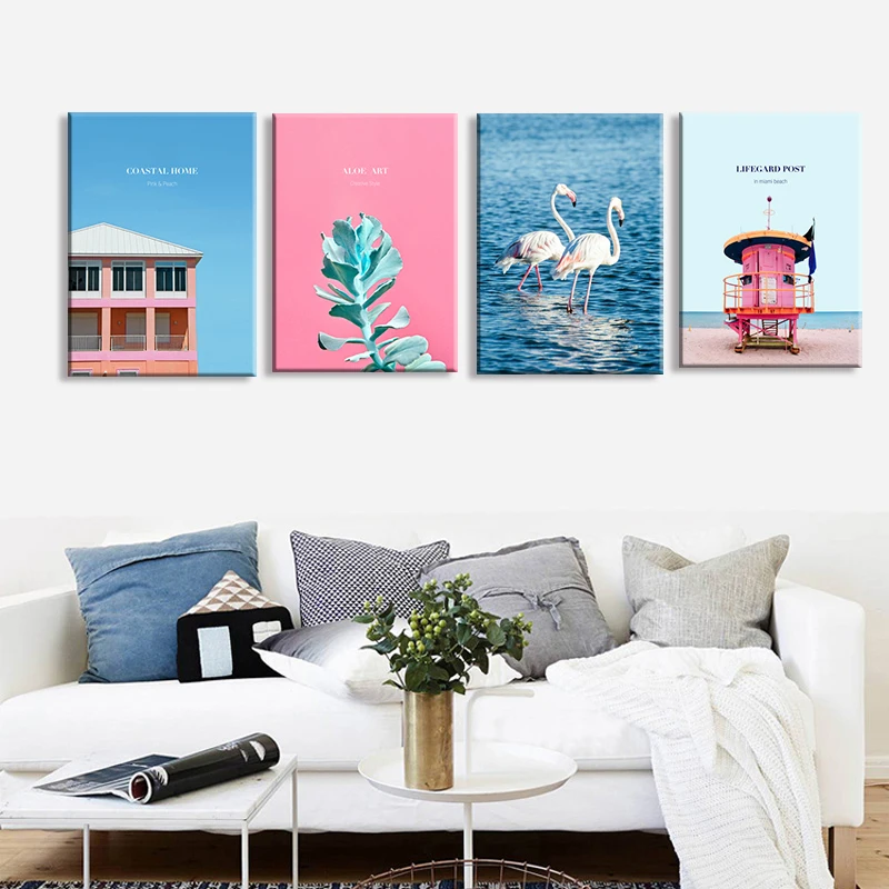 Nordic-Modern-Prints-Leaf-White-Flamingos-Beach-House-Sea-Landscape-Canvas-Painting-Art-Girl-Room-Bedroom