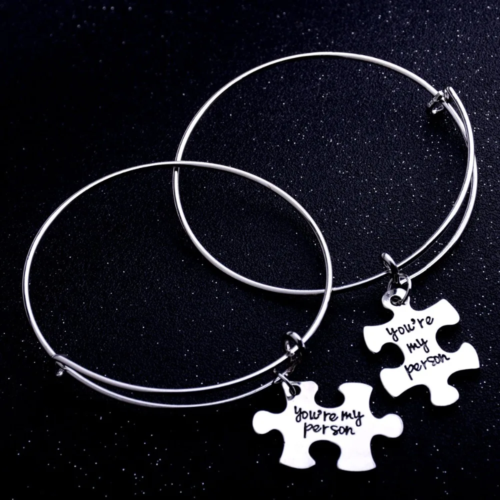 

2 Pcs/set You Are My Person Puzzle Pendant Bangle Couple Lovers Gift Charm Bangle Bracelet Women Men Wife Husband Family