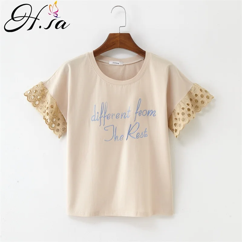 

H.SA 2019 Women Summer Tee Shirt and Tops Flare Sleeve Lace Stitching Casual loose T-Shirts Letters Embroidery Chic Streetwear