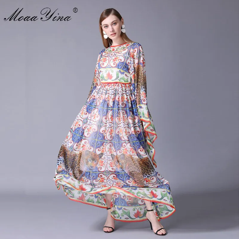 

MoaaYina High Quality Fashion Designer Runway Dress Summer Women Batwing Sleeve Vintage Print Casual Holiday Bohemia Maxi Dress